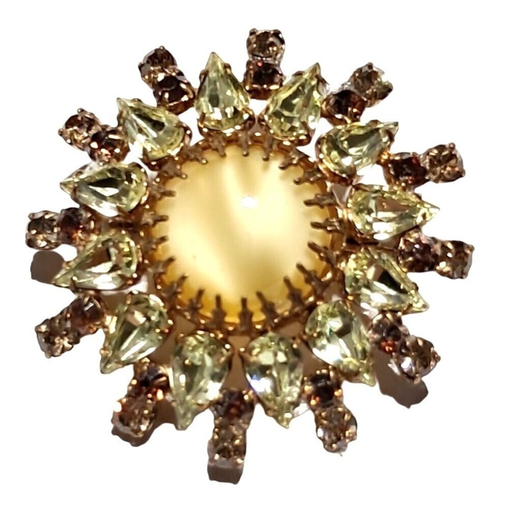 Vintage Austria Rhinestone Brooch with Cats Eye Glass Cabochon Center Yellow and